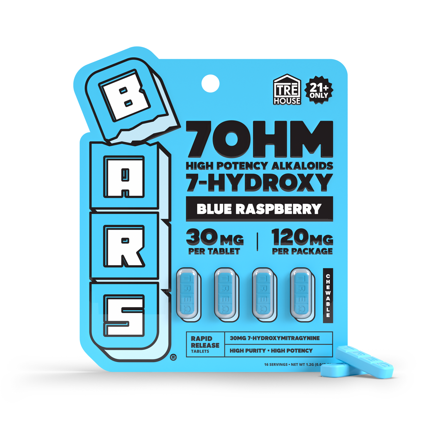 Bars x Tre House - 7OH - Tablets - Blue Raspberry - 4ct - 30MG - Burning Daily