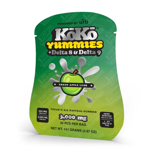 Urb Koko Yummies - Delta 8 - Delta 9 - Gummies - Green Apple Lush - 3000MG - Burning Daily