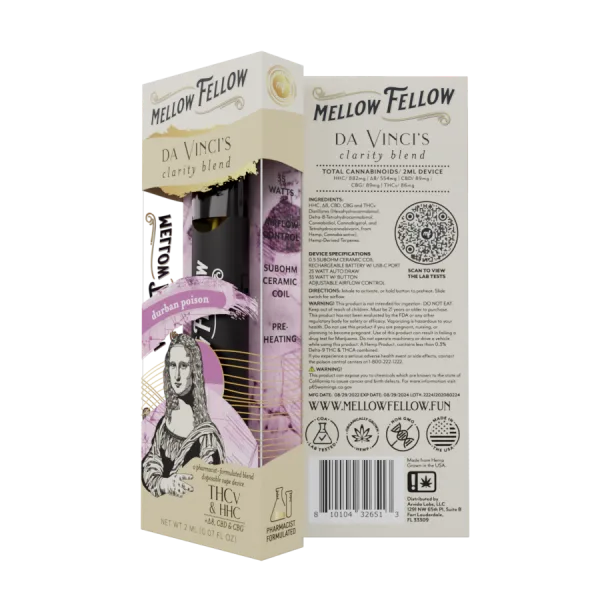 Mellow Fellow - Delta 8 - HHC - THCV - CBD - CBG - Disposable Vape - Durban Poison - 2ML - Burning Daily