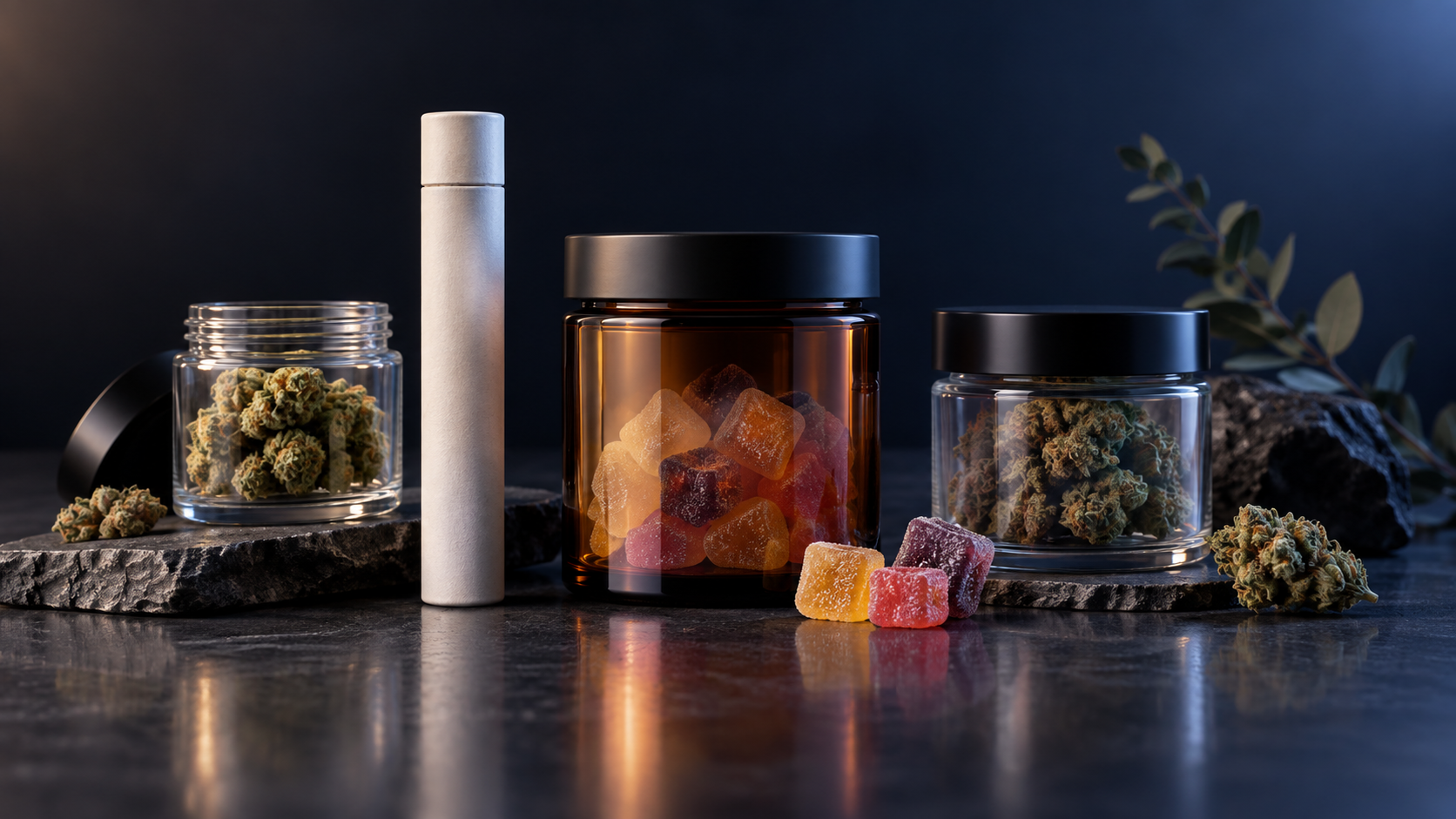Generic gummies, THCA flower jars, and a pre-roll tube in an after-hours studio setting