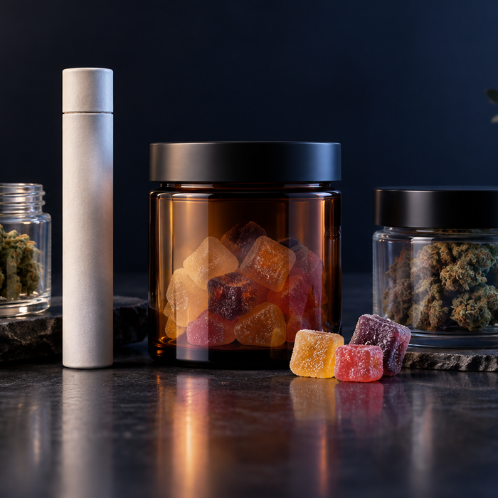 Generic gummies, THCA flower jars, and a pre-roll tube in an after-hours studio setting