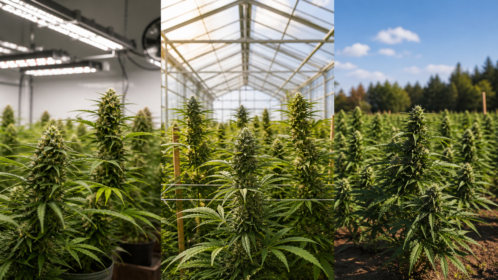 Indoor, greenhouse, and outdoor THCA flower growing environments compared