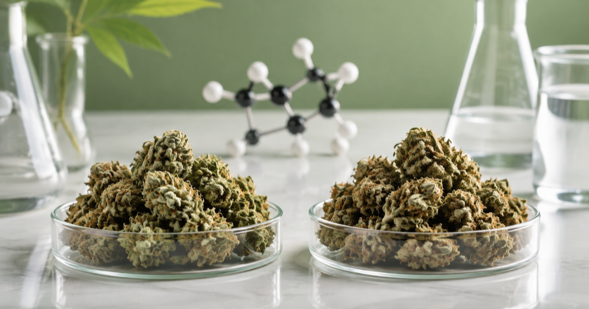 Two cannabis flower samples with lab glassware and a molecular model