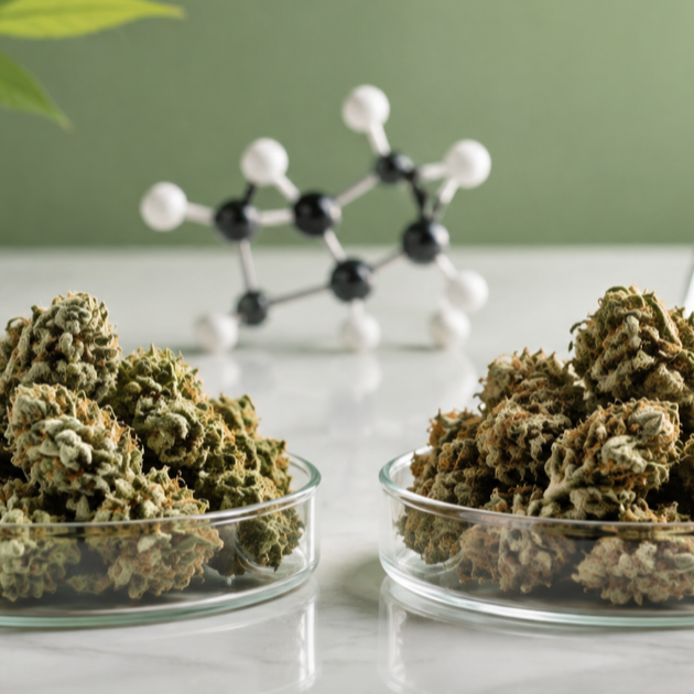 Two cannabis flower samples with lab glassware and a molecular model