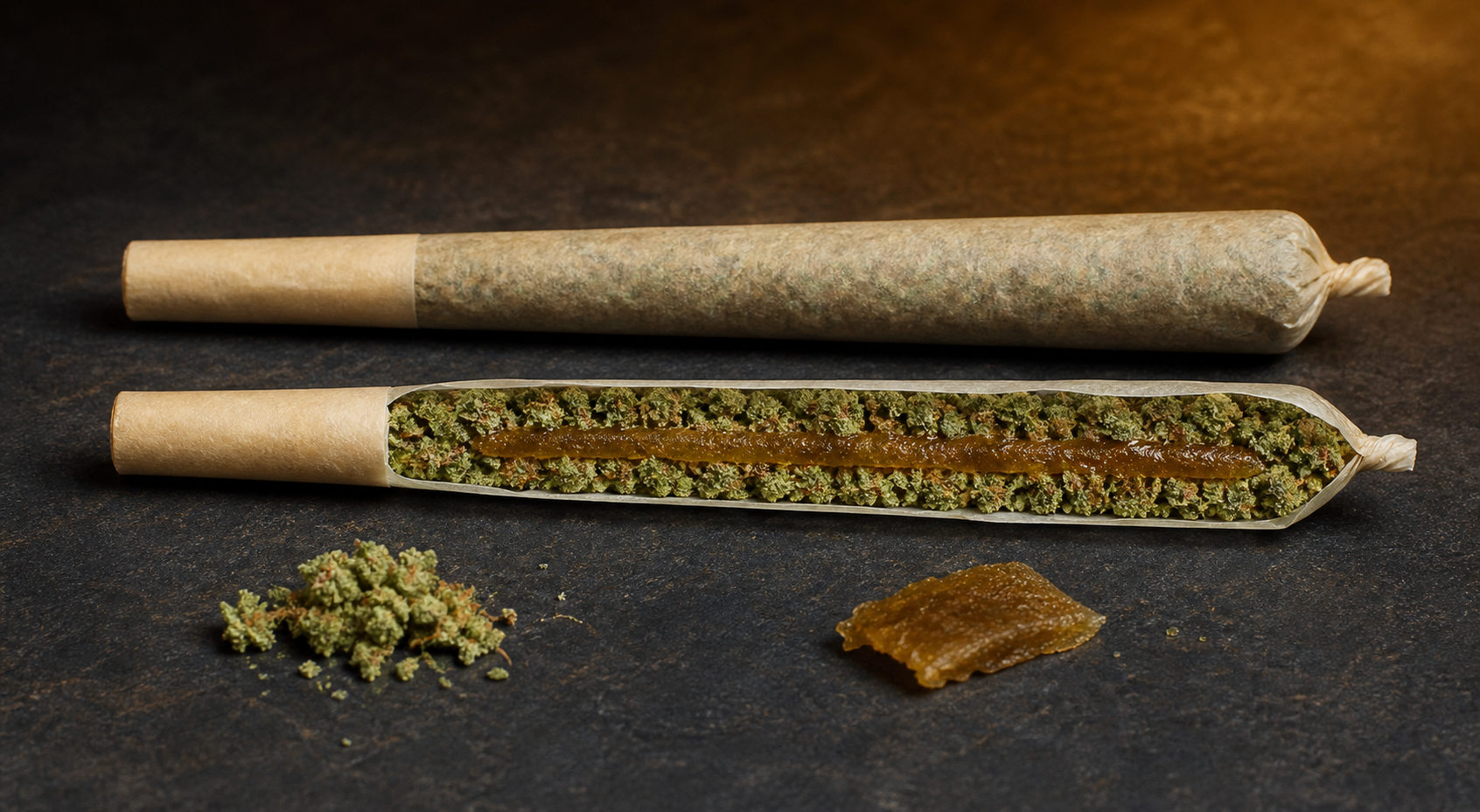 Cutaway view of an infused pre-roll with flower surrounding a concentrate core.