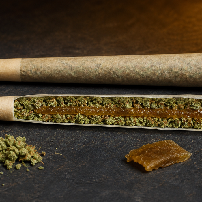 Cutaway view of an infused pre-roll with flower surrounding a concentrate core.