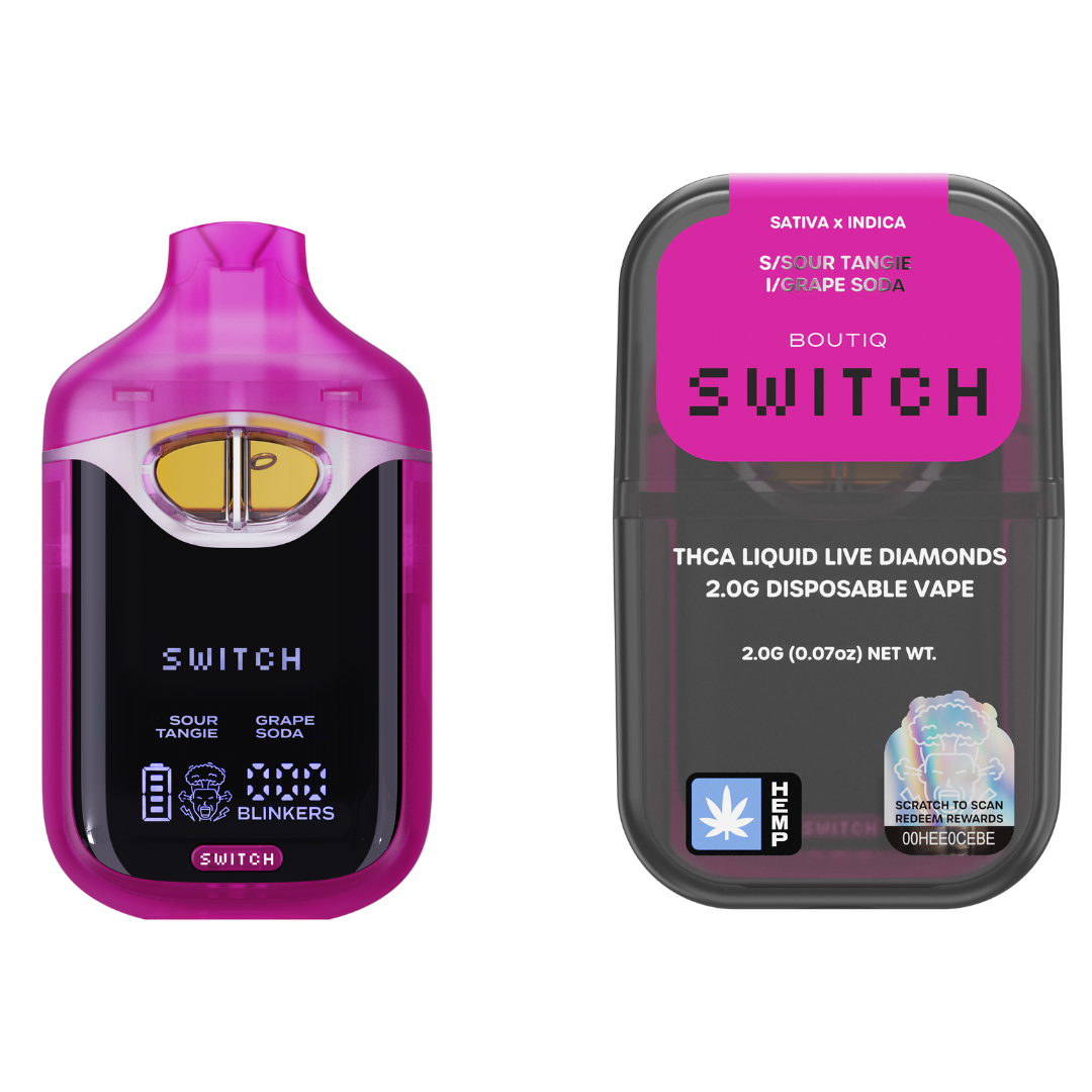 Boutiq - Switch - THCA - Liquid Live Diamonds - Disposable - Sour Tangie x Grape Soda - 2G - Burning Daily