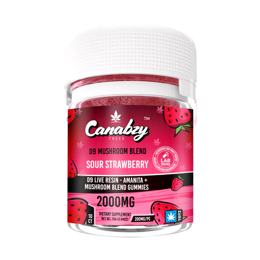 Canabzy - D9 Live Resin – Amanita - Gummies - Sour Strawberry - 2000MG - Burning Daily