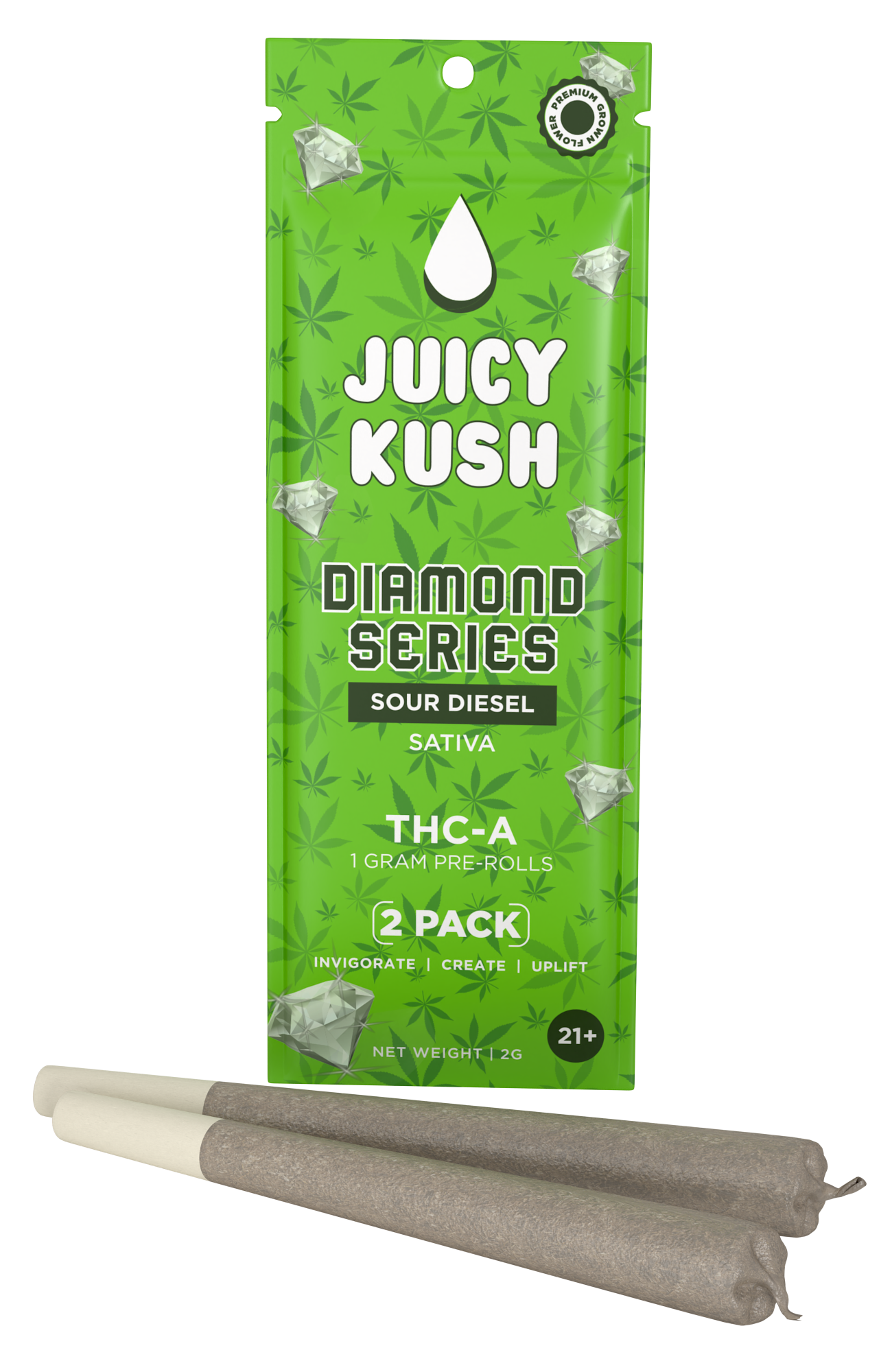 Juicy Kush - THCA - Preroll - 2 Pack - Sour Diesel - 1G - Burning Daily