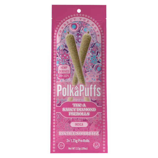 Polka Puffs - THCA - Saucy Diamond - Pre Rolls - Lychee Sour Fizz - 2.5G - Burning Daily