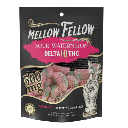 Mellow Fellow - Delta 10 - Edibles - Gummies - Sour Watermelon - 500MG - Burning Daily